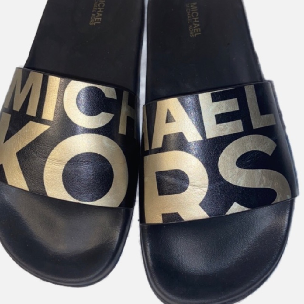 MICHAEL KORS Black & Gold Slides - Woman’s Size: 10